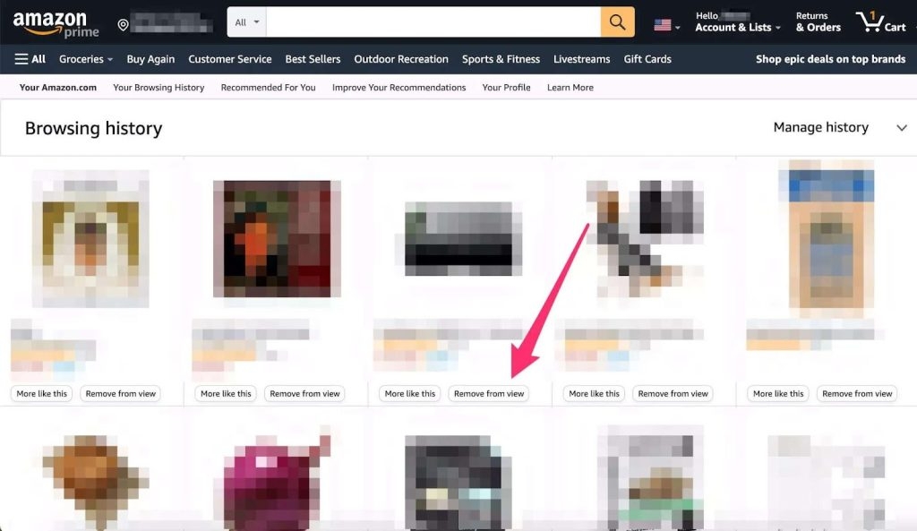 Interfaccia che mostra l'opzione per rimuovere un articolo dalla cronologia visualizzazioni su Amazon