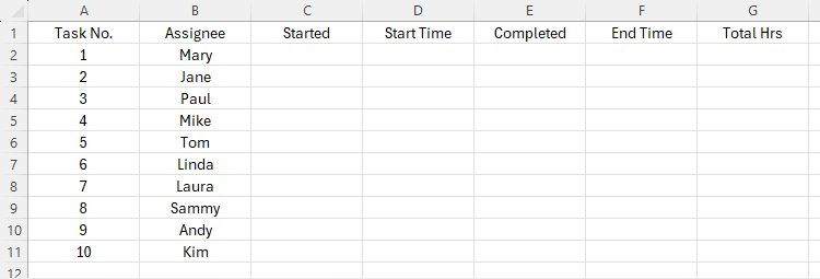 Неотформатированная таблица Excel с именами людей и номерами задач.