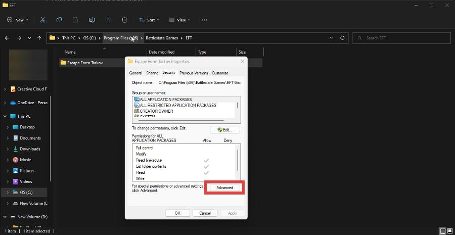 Кнопка Дополнительно в свойствах безопасности