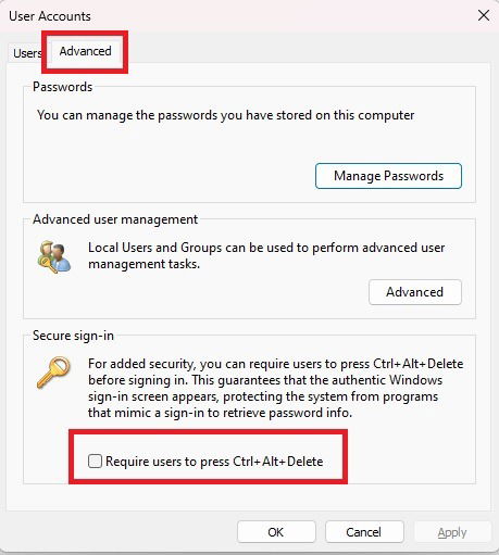 Окно netplwiz с опцией Require users to press Ctrl+Alt+Delete.