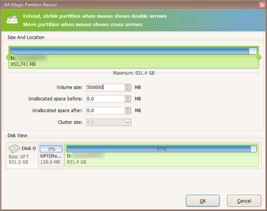 Указание величины изменения тома в IM-Magic Partition Resizer