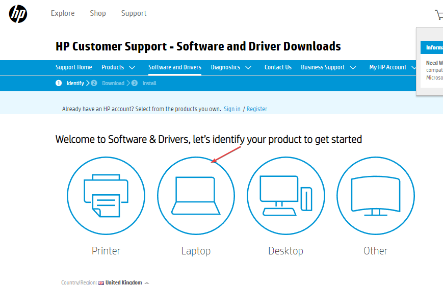 Список устройств на сайте поддержки HP