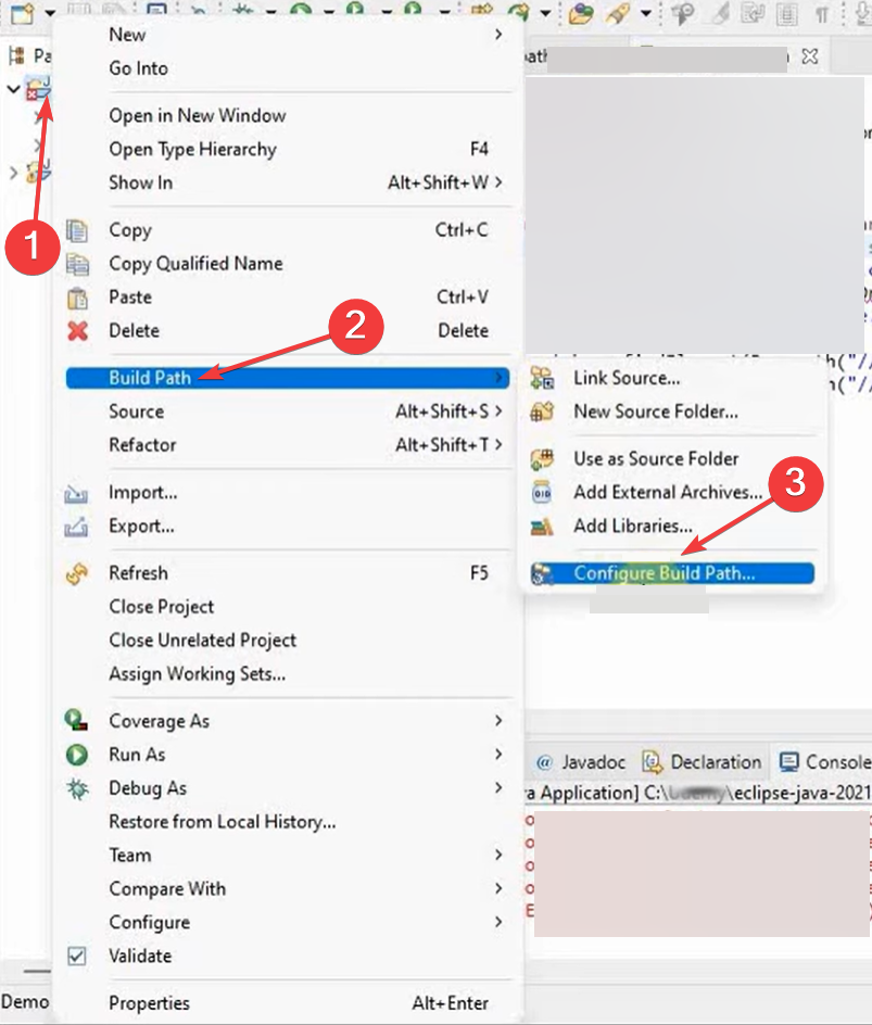 Открытие настроек Build Path в Eclipse