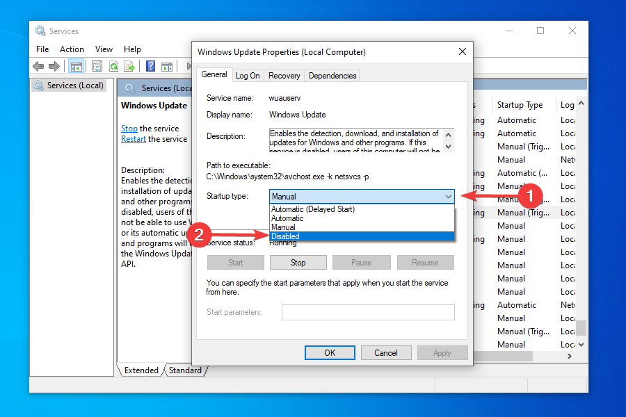 Отключить службу Windows Update