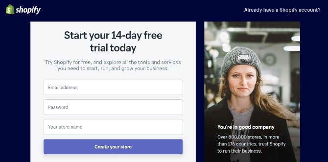 Регистрация в Shopify — экран начала бесплатного периода