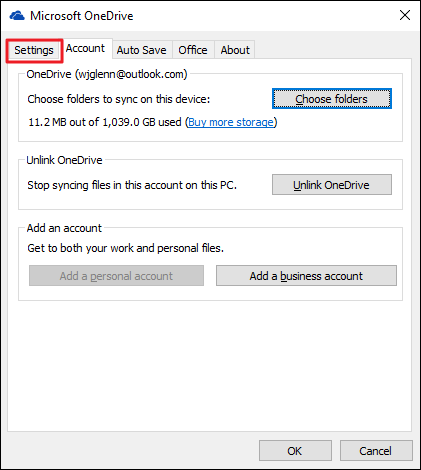 Вкладка Настройки в окне Microsoft OneDrive с опцией Fetch