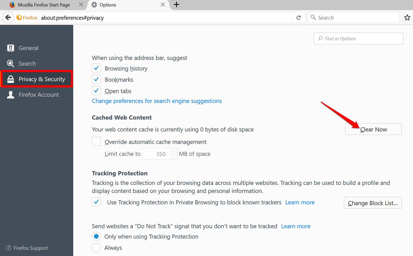 Настройки Firefox — очистка кэша
