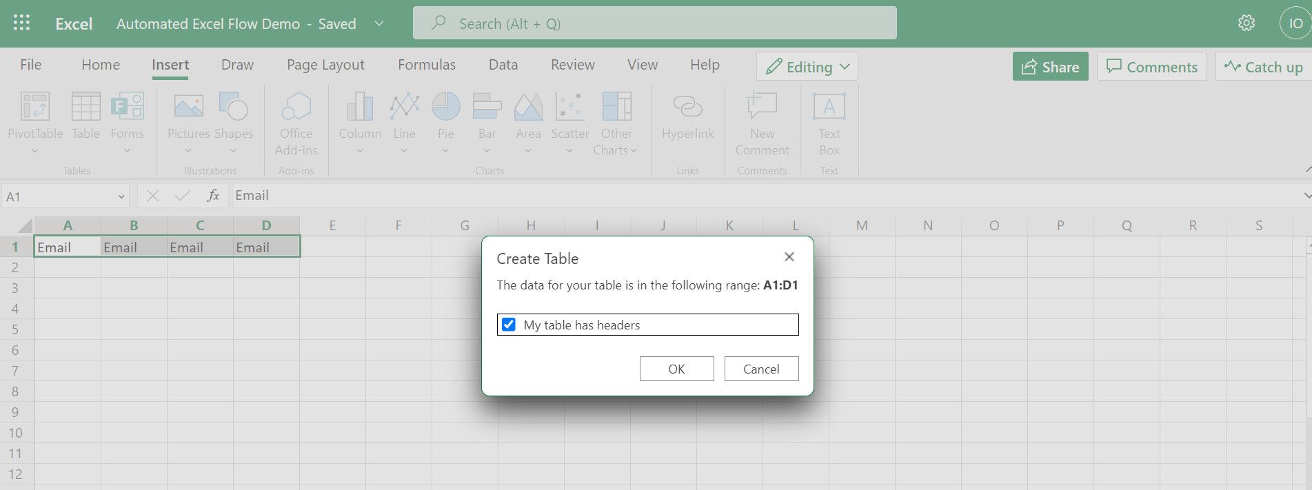 Вставка таблицы в онлайн-Excel с отмеченной опцией 'Моя таблица с заголовками'