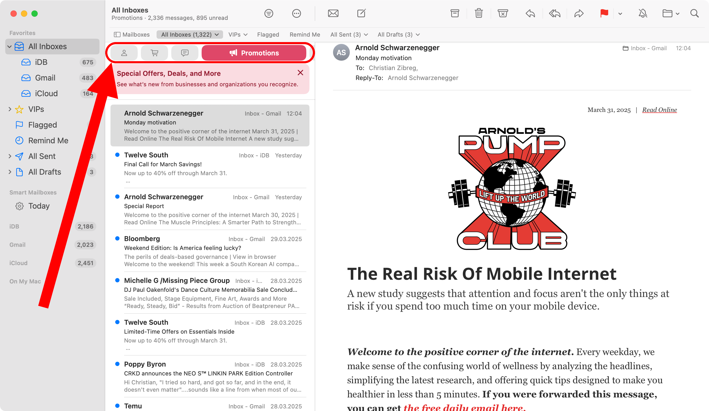 Apple Mail: категория Promotions выбрана в списке папок почтового ящика.