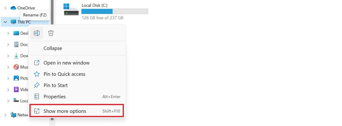 Скриншот: дополнительные параметры для «Этот компьютер» в Windows 11.