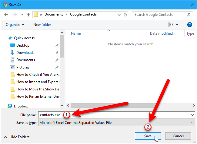Диалог Сохранить как для файла CSV