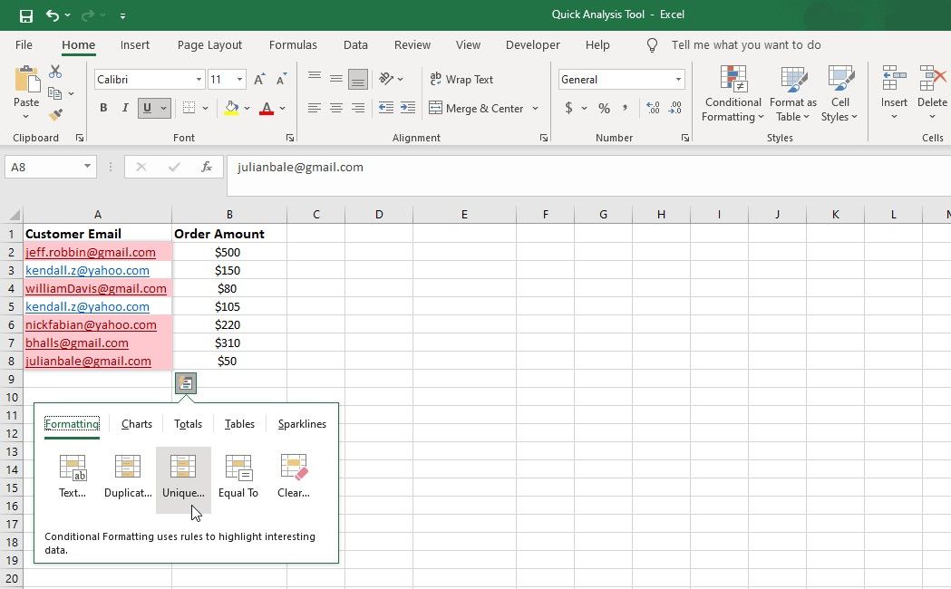 Выделение уникальных email в таблице