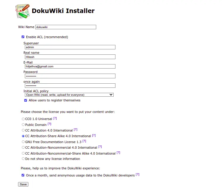 Страница мастера установки DokuWiki