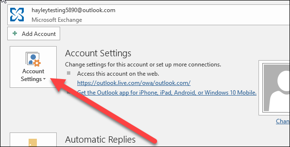 Кнопка Account Settings в Outlook