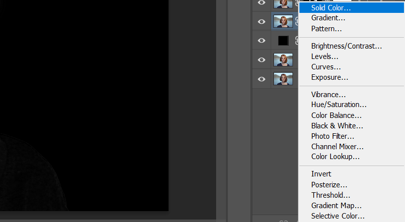 Создание корректирующего слоя Solid Color