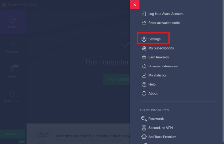 Настройки Avast