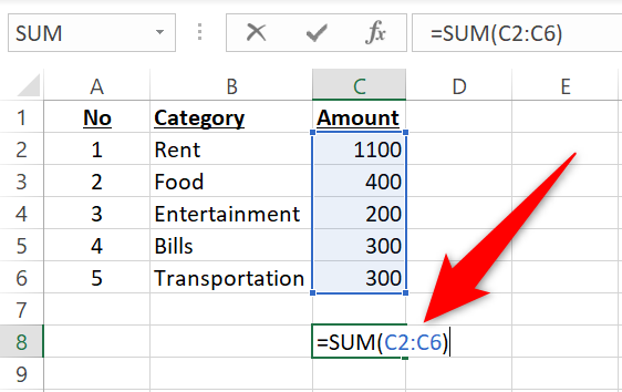 Ввод функции SUM в ячейку