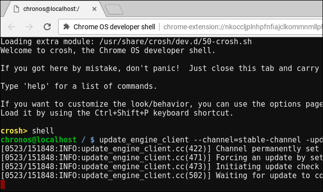 Статус загрузки обновления Chrome OS в интерфейсе