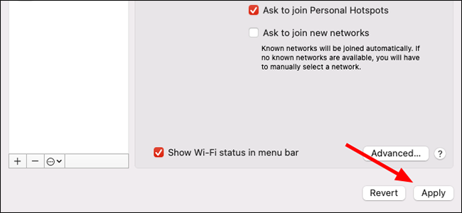 Кнопка Применить в окне сети macOS