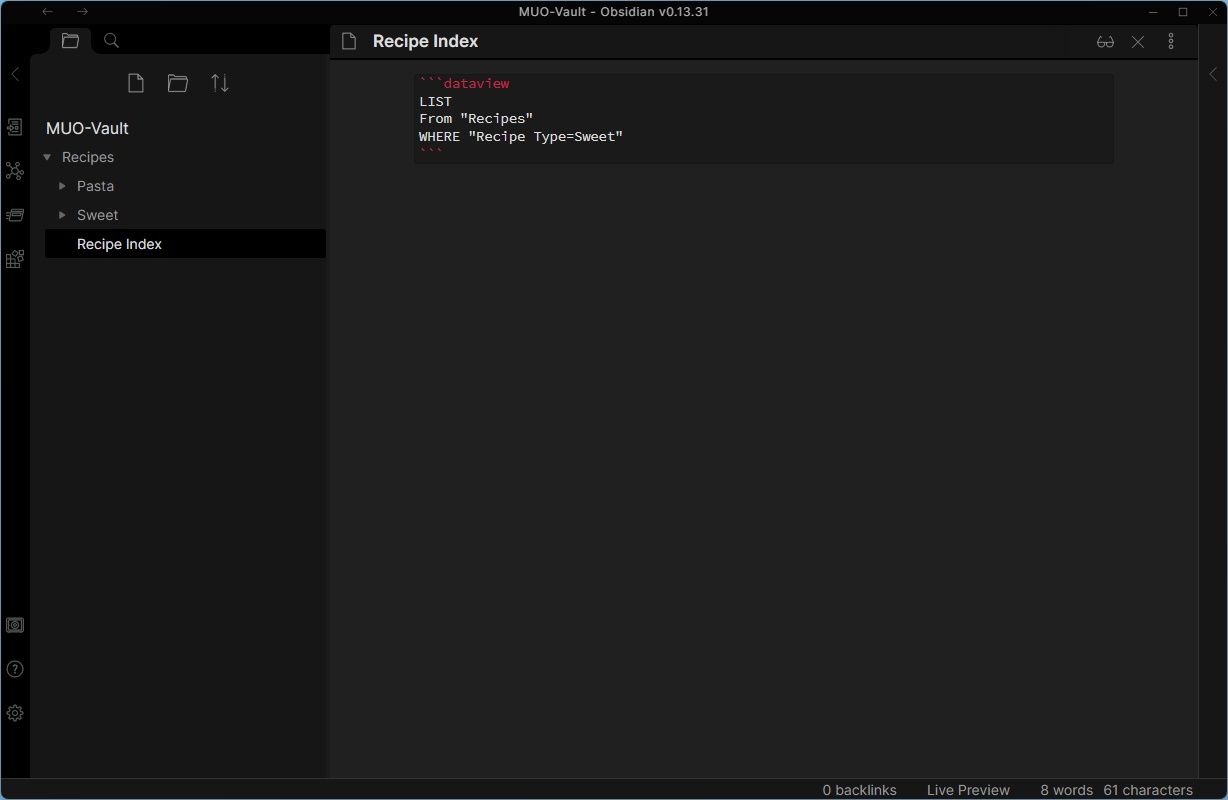 Пример запроса Dataview: вывести список сладких рецептов