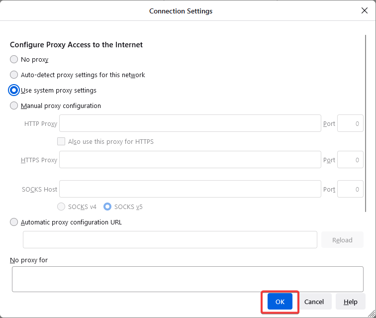 Подтверждение изменений в Сетевых настройках Firefox