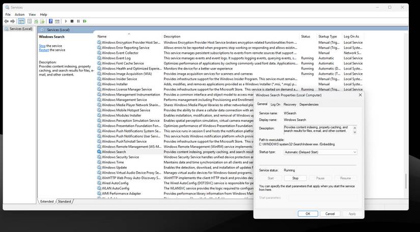 Диспетчер служб Windows с открытыми свойствами службы