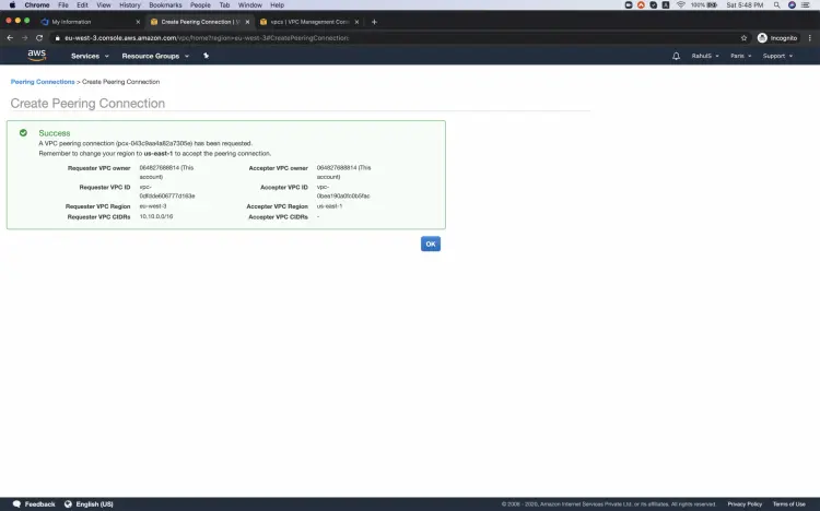 Сообщение об успешном создании запроса peering