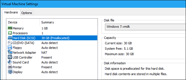 Окно с информацией о диске в VMware Workstation
