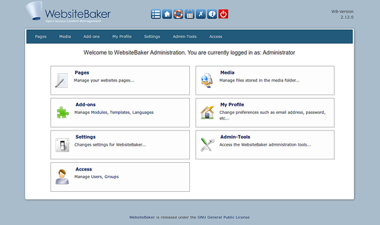 Интерфейс администратора WebsiteBaker — дашборд