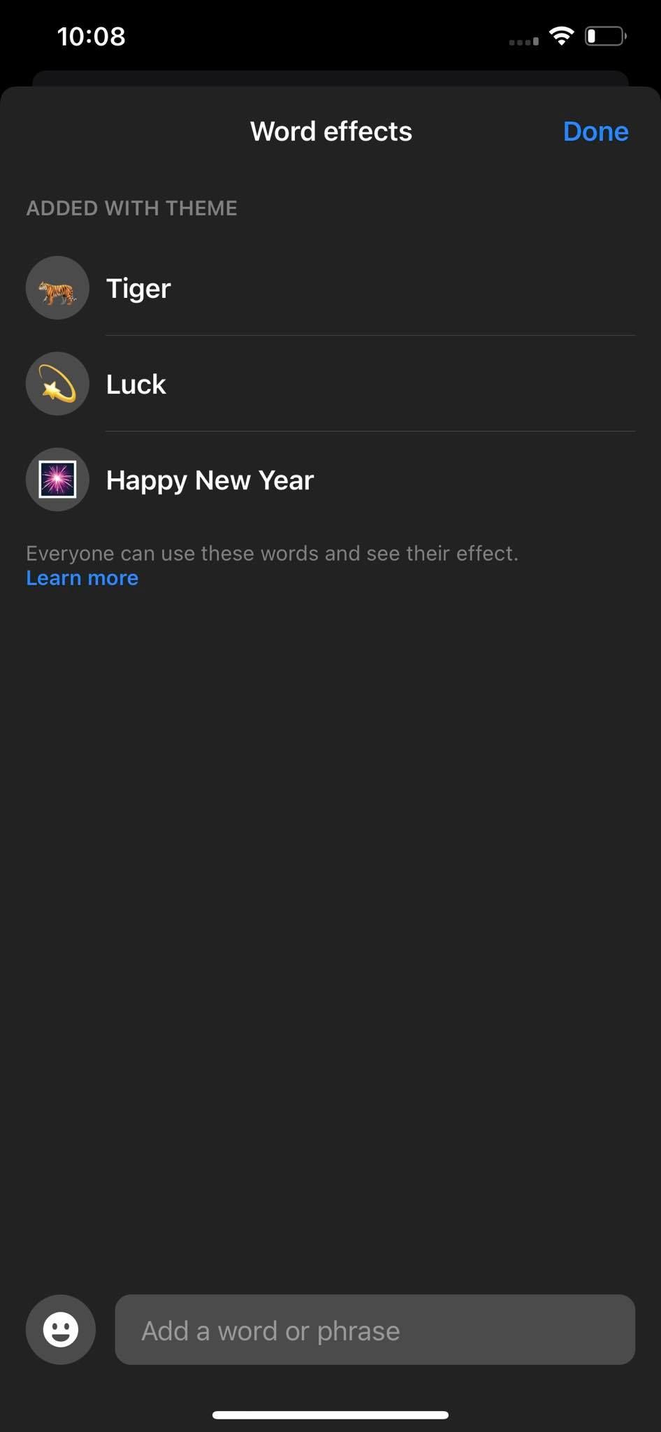 Список предустановленных word effects для выбранной темы в Messenger