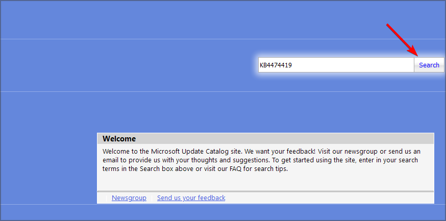 Окно каталога: поиск обновления по номеру KB