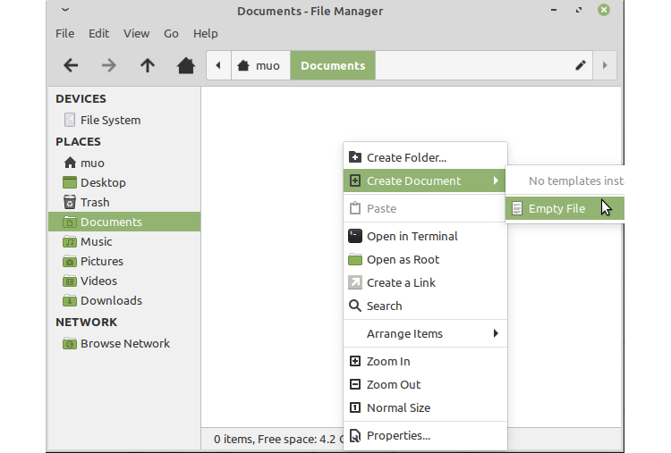Создание файла в файловом менеджере Linux