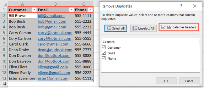 Отметьте, если таблица содержит заголовки столбцов
