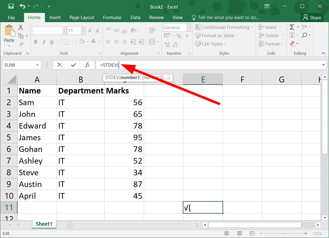 Ввод функции STDEV в строке формул