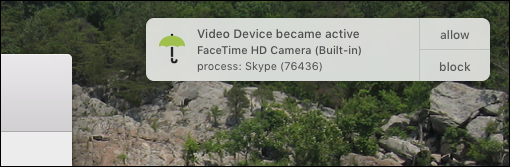 Уведомление Oversight о включении камеры и приложении-источнике