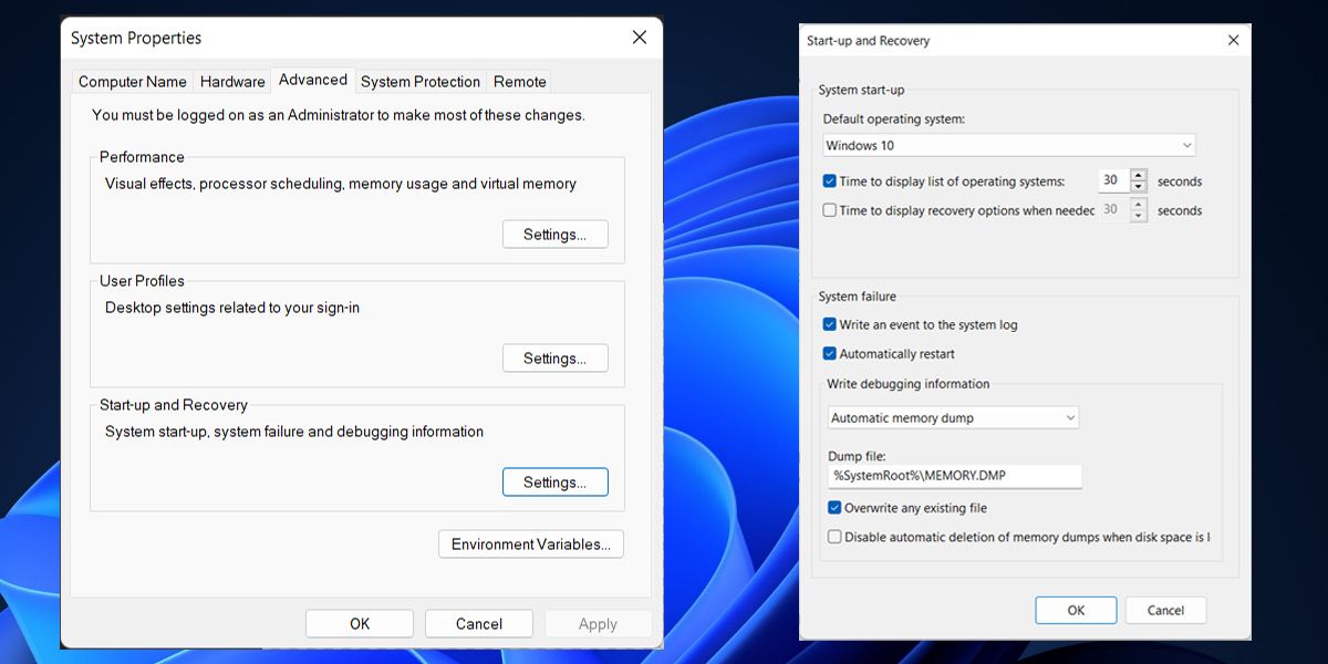 Параметры перезагрузки Windows 11