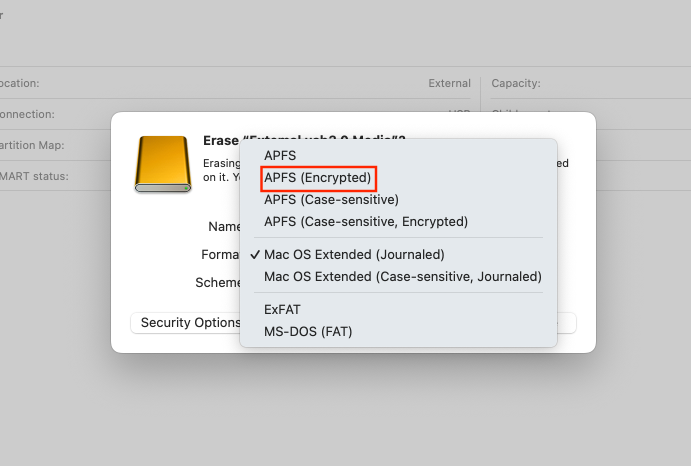 Опция APFS (Encrypted) в Disk Utility