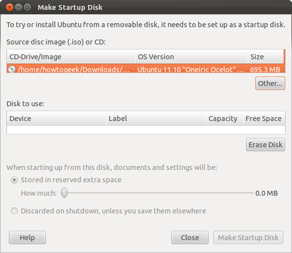 Интерфейс Startup Disk Creator для записи ISO на USB