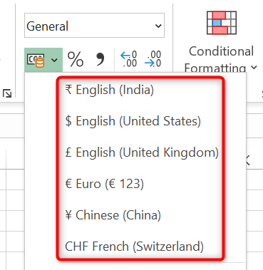 Выберите валюту для бухгалтерского формата.
