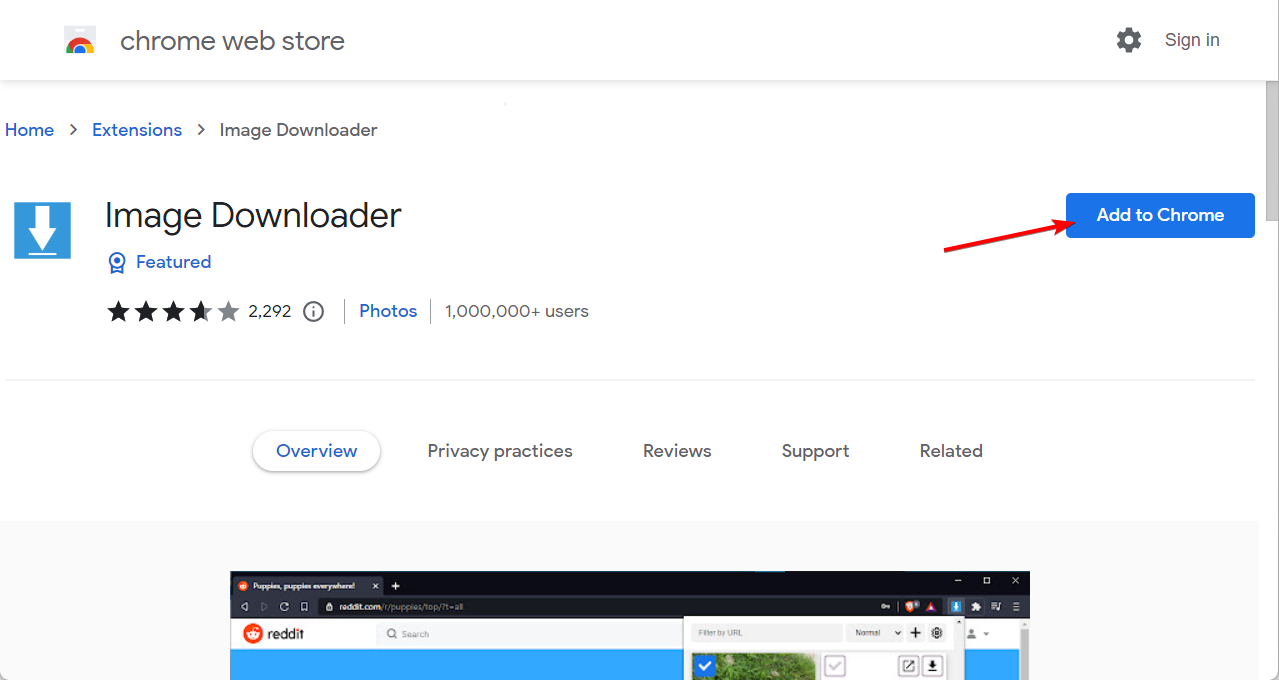 Кнопка добавления расширения Image Downloader в Chrome