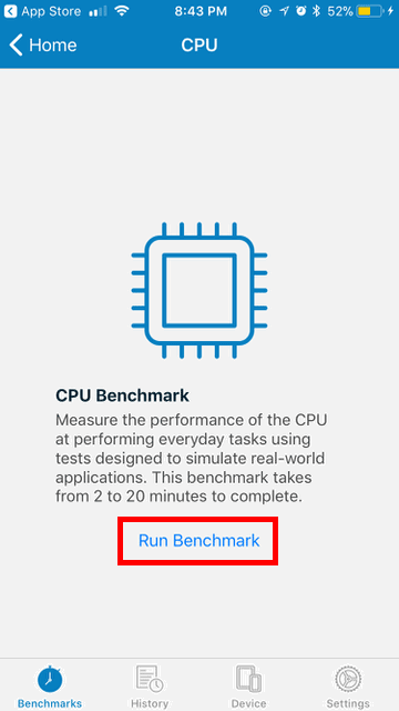 Кнопка запуска бенчмарка в Geekbench на iPhone