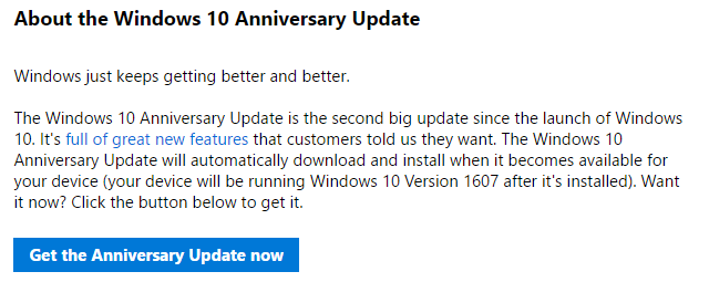 Кнопка «Get the Anniversary Update now»