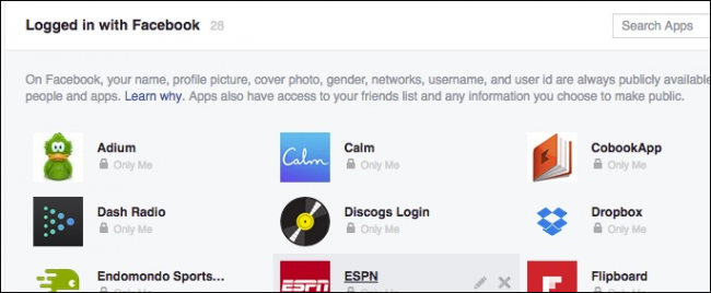 Список приложений с доступом к аккаунту Facebook