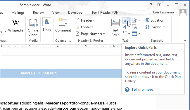 Кнопка Быстрые части в группе Текст