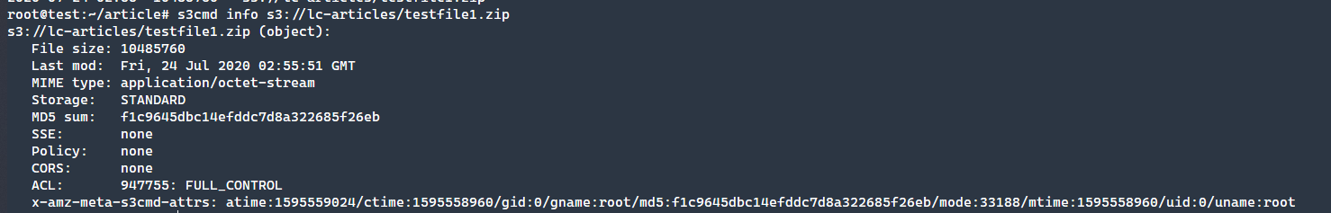 Вывод метаданных объекта через s3cmd info