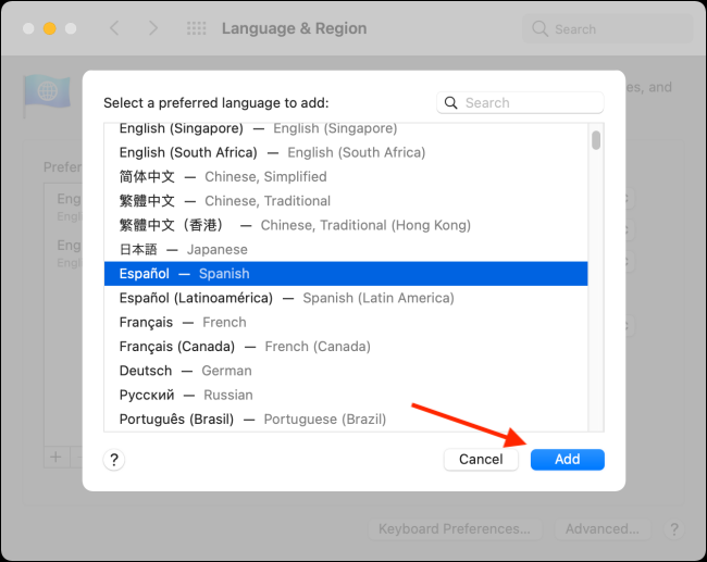 Выберите язык и нажмите Add