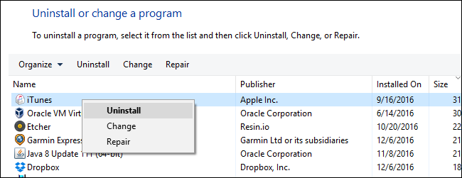 Список установленных Apple компонентов в Windows