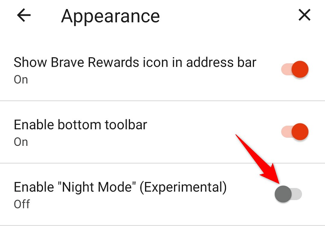 Активация опции Enable 'Night Mode' (Experimental) в мобильном Brave.