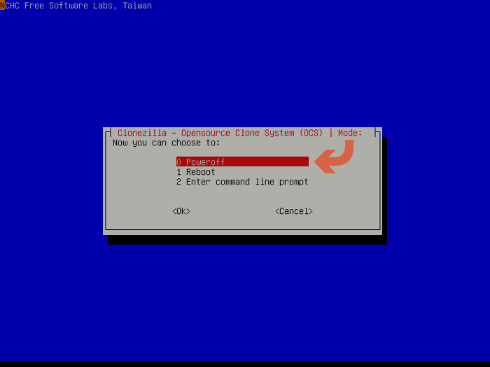 выключение после завершения работы Clonezilla