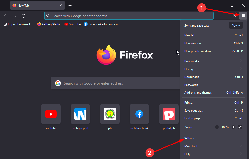 Переход в настройки Firefox через меню